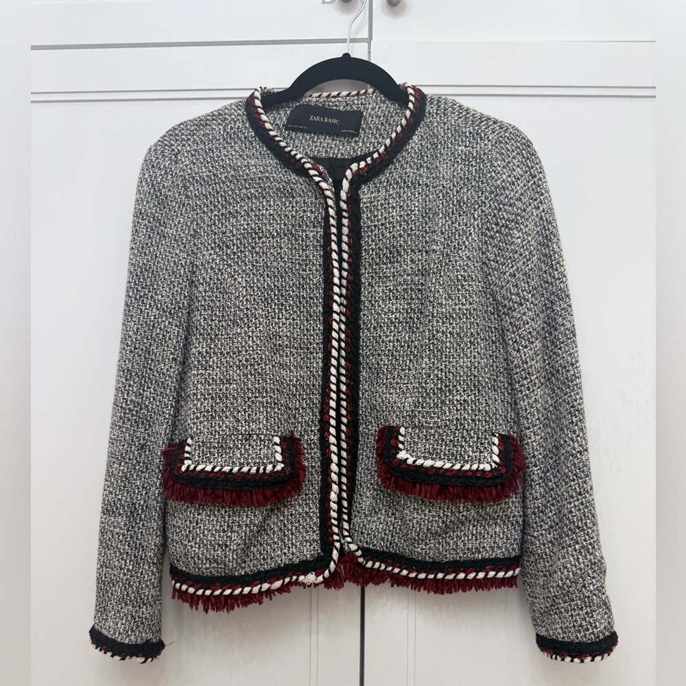 Zara Tweed Blazer with Black, White, and Red Accents